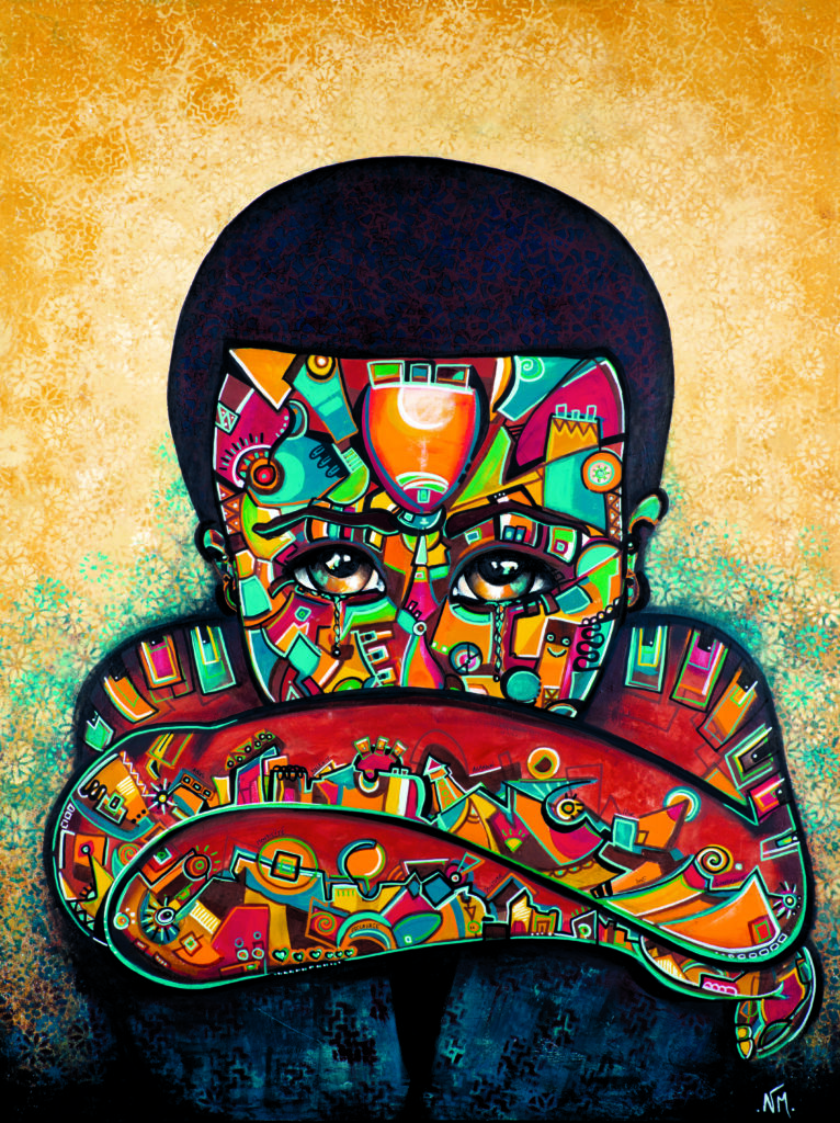 Oeuvre Natimo - enfant talibé sur fond dégradé jaune, dans un style africain moderne coloré